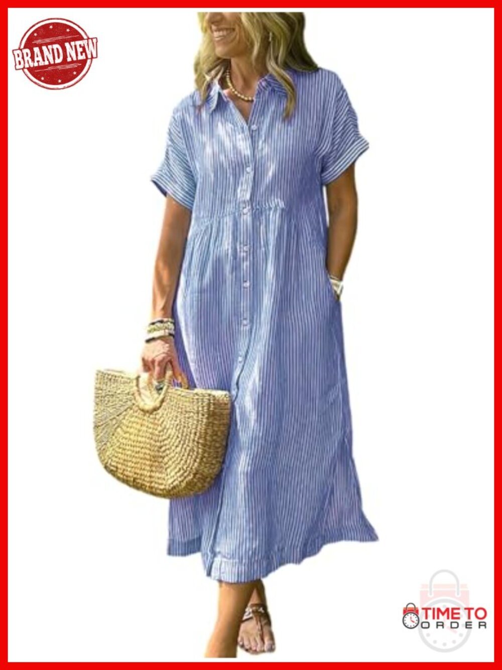Women's Boho Striped Cotton Shirt Dress with Pockets Side Slit